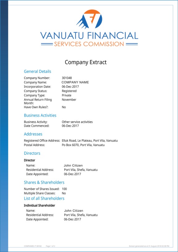 Vanuatu Company Extract